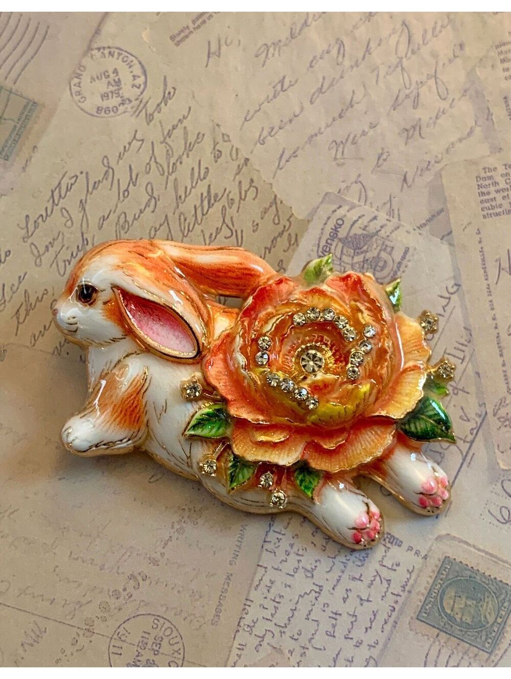 Enamel Bunny Rabbit Brooch with Orange Flower and Rhinestone Details